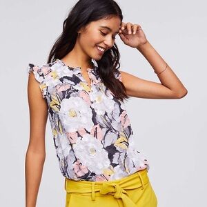 LOFT Petite Floral Textured Ruffle Shell in Coastal Grey